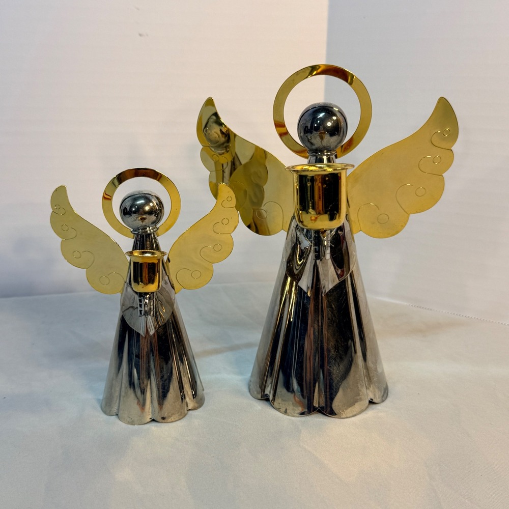Vintage Two Tone Metal Angel Candle Holders Set of 2 Silver Gold Christmas Decor